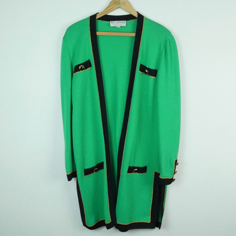 St John Collection Green Santana Knit Longline Jacket Open Cardigan Small Luxury